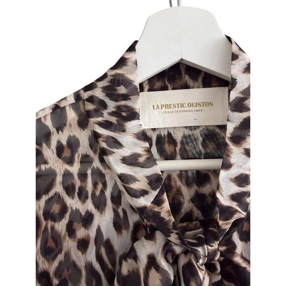 La Prestic Ouiston Dress Silk Leopard Print Tie Neck Pleated Long Sleeve Size 2 - Picture 9 of 13